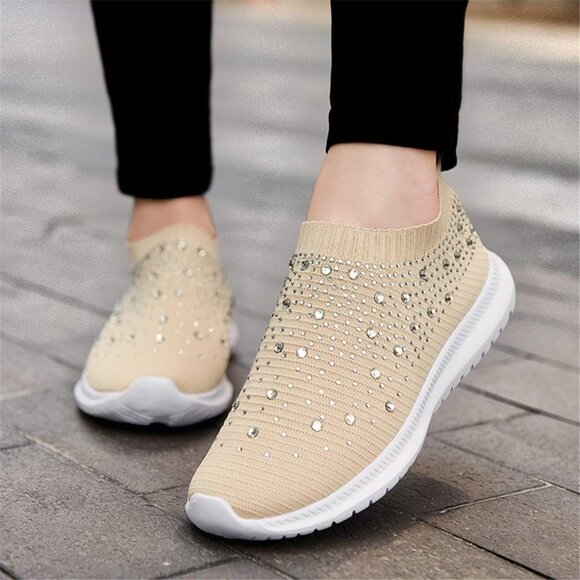 Women's Mesh Walking Shoes Rhinestone Glitter Slip On Ballroom Sneakers Khaki - Picture 6 of 6